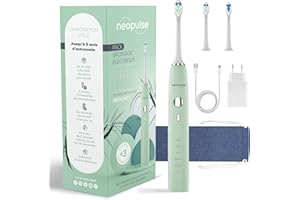 NEOSONIC® - Brosse à Dents Électrique Sonique Autonomie 3 Mois - 15 Modes - Rechargeable USB-C - Minuterie 2 Min - 2 Têtes Incluses - Garantie 2 Ans - Brosse Sonique Verte par NEOPULSE