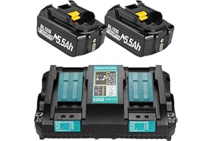 BONADGET 2 x 18V 5.5Ah BL1850B Batteries + 6A DC18RD Dual Port Charger Compatible with BL1830 Battery 14.4V-18V BL1850 BL1830 BL1840 BL1860 and DC18RD DC18RC DC18RCT DC18RF DC18SF Charger