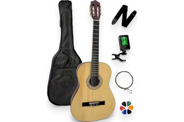 AMROVA - Guitare Classique 4/4 Droitier + Housse + Sangle + Accordeur + Cordes + Médiators + Cours Vidéo Offerts (Naturel, 4/4, Droitier)