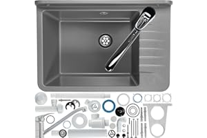 GOSPO Ausgussbecken aus Polypropylen, 50,4 x 34 x 26,5 cm, Spülbecken mit Armatur, Siphon und Montageset, Waschbecken, Waschtrog, Haushaltsspülbecken (Grau)