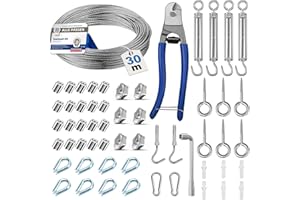 Angooni 30 m Stahlseil Set, Verdickt 3 mm Edelstahl Drahtseil, M5 Seilspanner Edelstahl Spannschloss, M5 Wandhaken, Stahlseil mit ösen, Rankhilfen für Kletterpflanzen, Gardinenseil, Zaun