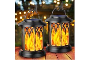 KOOPER Solar Lights Outdoor Garden, 2 Pack Hanging Solar Lanterns with Realistic Flickering Flame LED, Waterproof Flame Effect Garden Ornaments for Pathway Patio Decoration