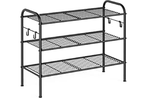 ‎SONGMICS SONGMICS półka na buty 3-poziomowa, półka metalowa z 4 bocznymi szydełkowymi, wlej 12 na buty, wysoki stojak na buty, do przedpokoju, przedpokoju, czarny LMR068B01