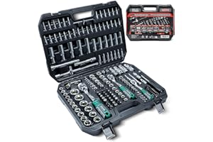 CCLIFE 187-częściowy zestaw nasadek Cr-V, walizka z grzechotką, 72 zęby 1/2" 1/4" 3/8", sześciokątne nasadki Torx, płaskie, Phillips, Pozidriv, zestaw bitów i nasadek
