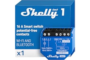 Shelly 1 Gen3 - Interrupteur connecté Wi-Fi à contacts secs, 1 canal - 16A, Commande à distance éclairage par app, Compatible avec Alexa et Google Home, Aucun Hub Requis, Puce Shelly 8MB