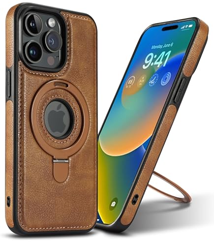 Carcasa Magnética Carga Inalámbrica Funda De Piel Para IPhone 15 Con Soporte Magnético Oculto - Círculo Magnético Integrado - Marrón Elegante - Carga Inalámbrica Compatible Accesorio Móvil Carga Inalámbrica