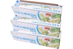 TWO TIGERS Rollo Film uso alimentario 30cm ancho x 300 metros, Bobina estirable con caja y cuchilla corta fácil, transparente para cocina, restaurante, bar, hostelería y catering (3 unidades)