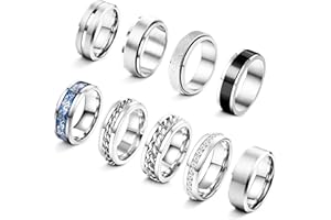 Adramata 9Pcs Edelstahl Ringe Herren Fidget Ring Spinner Ring Vintage Siegelring Cool Band Ring Männer Ehering Verlobungsring Schwarz Silber Ringe Set Anxiety Ring für Herren Damen Schmuck