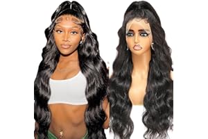 TUNFINE 30 Pouces Perruque Femme Naturelle Brésilien, 13x4 Body Wave Lace Front Wig Human Hair with 200% Density, Perruque Bresilienne Cheveux Humain en Couleur Noir Naturel (75cm)