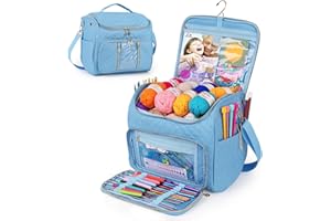 Aeelike Knitting Bag, Large Knitting and Crochet Bags for Wool and Needles Storage, Yarn Bag with Holes and Hanging Hook, Portable Crochet and Knitting Project Bag Organizer for Travel, Blue