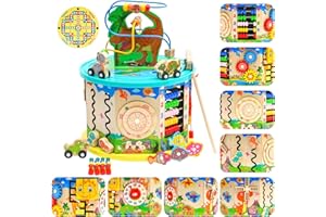 Nukdey Wooden Activity Cube Toy 11 in 1 Counting Bead Maze Toys Wooden Shape Sorter Multifunctional Large Educational Toys Activity Center Abacus Puzzle Wood Montessori Toy for Boy Girl Toddler