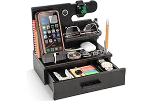 TESLYAR Drewniana stacja dokująca do telefonu z szufladą, organizer na stolik nocny, organizer na biurko dla męża, prezenty urodzinowe dla mężczyzn, taty, pomysł na rocznicę, stojak na klucze, zegarek