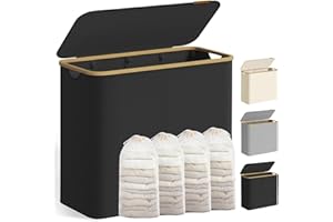 SONGMICS Laundry Basket with Lid, 4-Section Large Laundry Hamper, 200 L, Removable Mesh Liner, Oxford Fabric, Bamboo Handles, Collapsible, 78 x 38.5 x 70.5 cm, Ink Black LCB514BH01