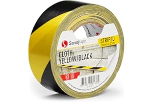 Samoprzylepna Nieprzemakalna Taśma Ostrzegawcza, Czarno-Żółta 50mm x 25m, Wytrzymała Taśma Tkaninowa, Łatwe Rozdzieranie Rękami, Znakomite Oznakowanie Podłóg i Stref Zamkniętych, Od Sanojtape