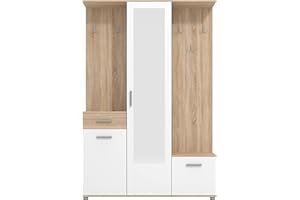 Arredo Stock Mobile da ingresso con armadio, portascarpe, specchio cassetto ed attaccapanni bianco con finiture effetto cemento, 133x197x33 cm (Quercia)