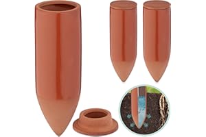 Relaxdays Tonkegel Bewässerung, 3er Set, 330ml, Gießhilfe Zimmerpflanzen, Balkonkästen, Gießkegel mit Deckel, terrakotta