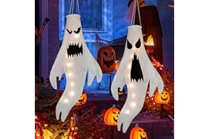WSRYX 2 Pack Halloween Ghost Windsocks Hanging Decorations with LED Light, 42.5 Inch / 108cm Flag Wind Socks for Home Yard Outdoor Decor Party Supplies (2 pack white)
