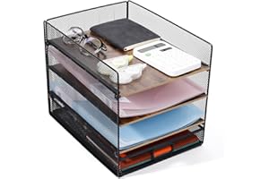 Cinnani Organizer na biurko, 4 poziomy, półka na listy z szufladą, organizer na segregatory, listy, papier, metalowy organizer na biurko (materiał MDF)