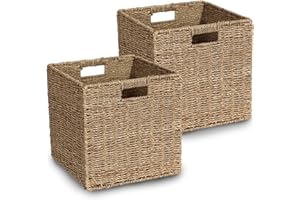 Aluusy Panier de Rangement, Lot de 2 Panier d'étagère Kallax, Panier Tressé Pliable en Jonc de Mer, Grand Panier pour Vêtements, Jouets -Couleur Naturelle 30x30x30cm