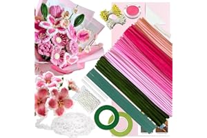 HANCHENG 5 Color Pink Pipe Cleaner Flower Kit,300 Pcs Pipe Cleaners for Craft,with 1 Roll Fluffy Yarn,50 Pearls,100 Flower Stamens, 15 Floral Wire,2 Floral Tape,2 Wrapping Paper,Ribbon and Instruction