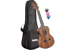 CASCHA Mahagoni Konzert Ukulele Set Tonabnehmer I Ukulele Starter Kit 3 Plektren Tasche integriertes Stimmgerät I Ukulele Aquila Saiten Nylon I Kleine Hawaii Gitarre für Anfänger Fortgeschrittene