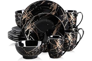 LOVECASA 'Daphne', 16 Pieces Porcelain Dinner Set Color Glaze with Gold Plate Crockery Set Kitchen Dinnerware Set with Dinner Plates, Dessert Plate, Bowls and Mugs, Service for 4, Black