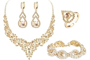 JeryWe 5PCS Parure Bijoux Femme Mariage Cristal Collier Vintage Strass Bracelet Boucles d'Oreilles Bague Ouverte Pour Mariées Demoiselle D'Honneur Pour Mariage Prom Bijoux Mariée