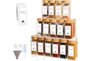 comforder Set di barattoli per spezie (25 pezzi), organizer per spezie con spargispezie con etichette + imbuto, barattoli per spezie rettangolari con coperchio, 120 ml (bambù)