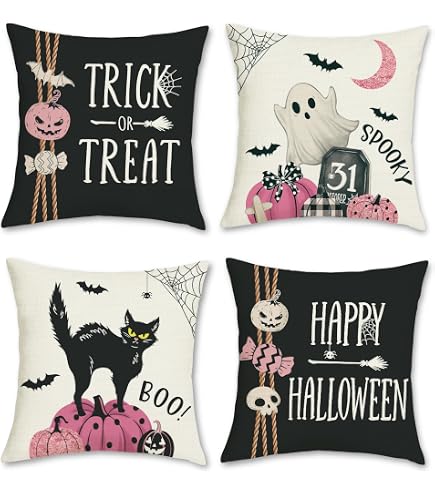COZZSNUGE Pink Halloween Cushion Covers – Set Of 4, 45 X 45cm, Velvety Fabric, Pumpkin Ghost Castle Design
