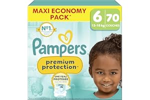 Pampers Premium Protection Taille 6, 70 Couches, 13kg-18kg, Double Protection Pour La Peau Et Contre Les Fuites