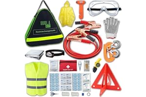 HolaKit Auo Emergency Kit, 55-Piece Car Emergency Roadside Kit with Jumper Cables, First Aid Kit, Safety Hammer, Goggles, Tow Ropes and More Ideal Car Essential Accessories for Women and Men