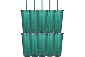 Yisituo 710ml Plastikbecher mit Deckel und Strohhalm,10er Pack für Erwachsene und Kinder Wiederverwendbare smoothie becher, perfekt für Partys, Strand und Poolpartys (10, Dunkelgrün)