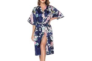 Lovasy Peignoir Satin Femme Robes de Chambre et Kimonos de Mariée Robes de Chambre Soie Court Kimono Col V avec Ceinture