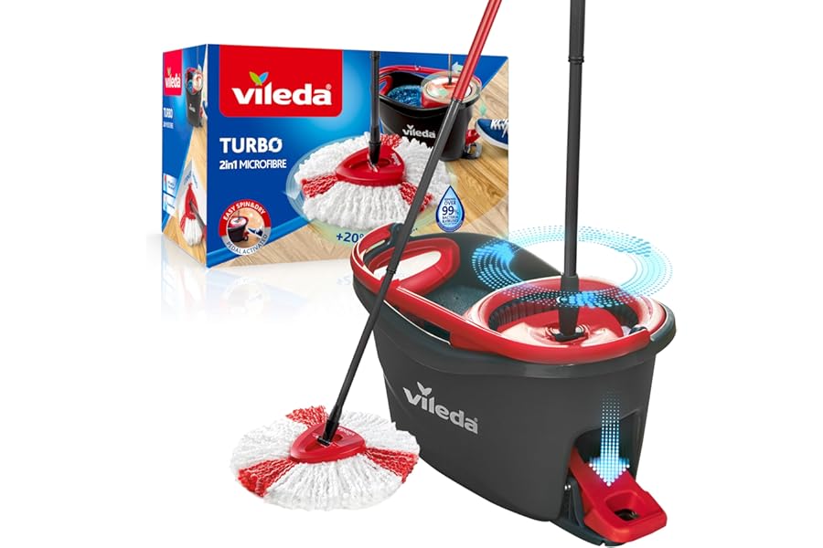 Vileda Turbo 2in1 Spin Mop & Bucket Set with Foot Pedal | Telescopic Handle (Up to 123cm) & 2in1 Microfibre Mop Head | Deep Cleaning, Removes 99% of Dirt with Water | Eco‑Friendly Amazon Packaging