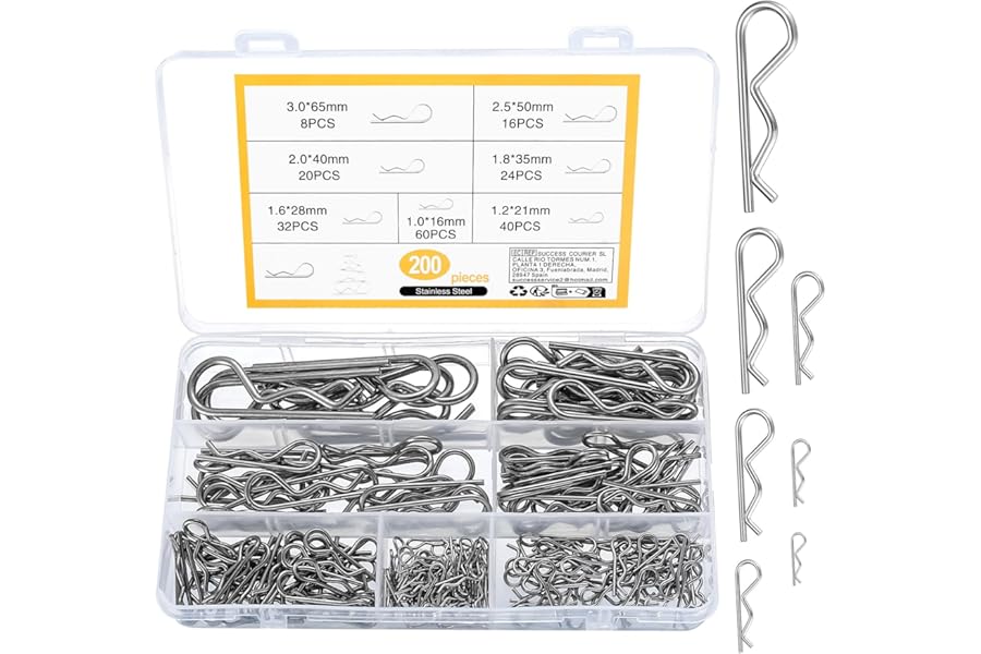 200 Pcs Stainless Steel R Clips and Split Pins Kit - Heavy Duty Fastening Pins for Trucks Tractors Lawn Mowers Cars Campers