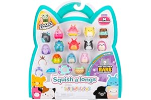 Squish-a-longs Mini-Squish 14-Pack (Wave 4, Style 2) includes Apollo the Coral Firefly, Vilmos the Blue Triceratops, Kelbel the Pastel Purple Banana
