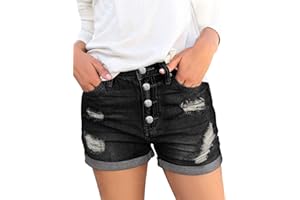Roskiky Pantalones cortos de media subida de las mujeres estiramiento desgarrado dobladillo crudo denim jeans cortos