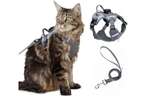 SKMEDITEC Cat Harness and Leash Set With AirTag Holder, Upgraded Escape Proof Adjustable Kitten Vest with Lead for Large Cat Small Dog Puppy Walking, Soft Breathable Mesh Jacket with Reflective Strips L, Gray