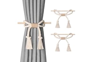 Pretty Jolly 2 Pack Natural Cotton Rope Curtain Tiebacks Boho Rustic Style Decorative Drape Tie Backs Farmhouse Hand-Woven Curtain Holdbacks with Wood Club for Home Office Drapery (Cotton knot-Beige)