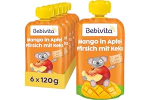 Bebivita Mango in Apfel Pfirsich mit Keks Quetschie (6 x 120g), ohne Zuckerzusatz, aus milden Früchten und wertvollem Getreide, ideal für unterwegs und selbständiges Snacken