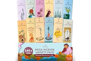 CALMVEDA Natural Incense Sticks Mega - Variety Pack (144 Insence-sticks Bulk, 12 Aromas) Clean No Charcoal, Made from Upcycled Flowers | Organic Incense Sticks Non Toxic (Slow burn, Longlast)