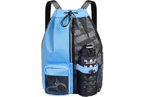 CHEPULA Swim Bag Mesh Drawstring Backpack with Wet Pocket, Waterproof Gym Bags for Beach Swimming Pool Gym Workout Men Women