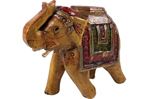 GURU SHOP Dekoracyjny słoń z Indii, malowany indyjski drewniany słoń, rzeźba słoń, żółty, kolor: żółty, 15 x 18 x 8 cm, figurki zwierząt