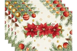 TARKLANDA Christmas Placemats Set of 4, Poinsettias Leaves Bells Snowflakes Table Mats, Washable Non-Slip Linen Place Mats for Winter Xmas Party Home Kitchen Dining Table Decoration, 30 x 45cm