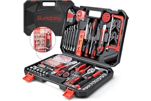 Sundpey Walizka na narzędzia, wypełniona, 257-częściowy zestaw narzędzi z grzechotką, uniwersalna walizka na narzędzia, zestaw narzędzi, czerwona