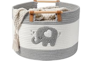 TIDELIT Large Blanket Basket 35L Cotton Rope Baskets with Wooden Handles Woven Baskets for Kids Stuffed Animal Toys Storage for Nursery, Laundry Hamper Clothes Baby Hamper Boys Gift Basket Empty, (Elephant ）