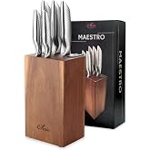 OLEIO Maestro 6-Piece Knife Set with Acacia Block and Sharpener | Chef 20 cm, Santoku 17.5 cm, bread 19 cm, multipurpose 12 c
