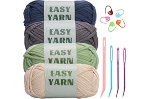 DIPEER Beginners Crochet Yarn, 4 * 50g No Split Yarn, Chunky Cotton Yarn, Easy Knitting Yarn for Crocheting Knitting, Thick Bulky Cotton Yarn for Beginners(Denim Blue + Light Green + Beige + Dark Gray)