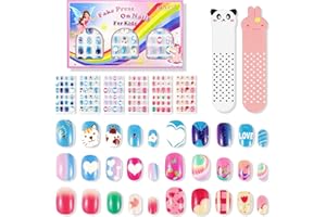 KLLALO 144 pezzi bambini Unghie finte, Set di unghie finte adesive per bambini Modello caramelle Kit Stampa su pre-colla Full Cover Unghie finte per Ragazze per Bambini Regalo Manicure (#2-Love Cat)