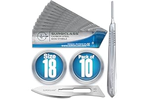 SURGICLASS Skalpellklingen Figur 18 aus Karbonstahl 10 Stück unsteril + Skalpell-Halter - Edelstahl Perfekt für Holzkunst, Chirurgie, Bildhauerei, Laboranatomie, Kartenherstellung, Labortraining SURGIBL18-10